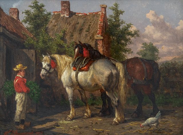 Willem Johan Boogaard | Paarden en knecht bij de stal, olieverf op paneel, 20,0 x 27,2 cm, gesigneerd l.o. en gedateerd 1877