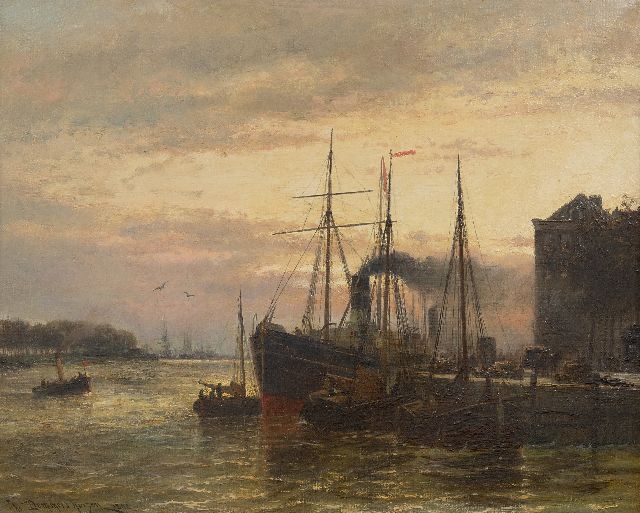 Christiaan Dommelshuizen | Vrachtschip aan de kade in Rotterdam, olieverf op doek, 52,5 x 65,5 cm, gesigneerd l.o. en gedateerd 1892