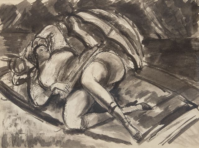 André Dunoyer de Segonzac | Jeune femme nue allongée (studie voor les Canotiers), inkt en krijt op papier, 47,6 x 62,5 cm, gesigneerd l.o. en te dateren ca. 1924