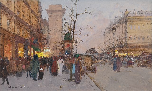 Eugène Galien-Laloue | Bij de Porte Saint-Denis, Parijs, pen en gouache op papier, 21,0 x 32,7 cm, gesigneerd l.o.