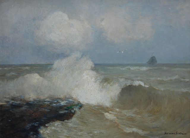 Grobe P.G.  | Opspattende golven bij aan de uitwatering bij Katwijk aan Zee, olieverf op doek 60,5 x 80,5 cm, gesigneerd l.o.