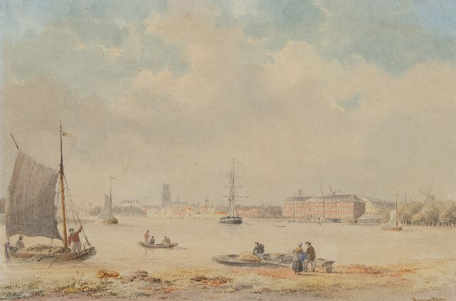 Bart van Hove | Bedrijvigheid op de rivier bij een stad, aquarel op papier, 24,0 x 35,0 cm, gesigneerd r.o.