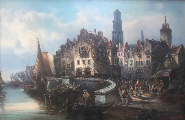 Howe L. van | Bedrijvigheid in een stadshaven, olieverf op doek 98,0 x 143,0 cm, gesigneerd r.o.