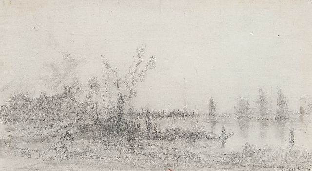 Johan Barthold Jongkind | Riviergezicht; verso: Dorpsgezicht, potlood op papier, 17,5 x 30,5 cm, gesigneerd r.o.