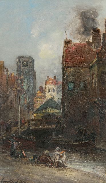 Johan Barthold Jongkind | Gezicht op de Weezenbrug en Vlasmarkt, Rotterdam, olieverf op paneel, 37,5 x 22,3 cm, gesigneerd l.o. en gedateerd 1856