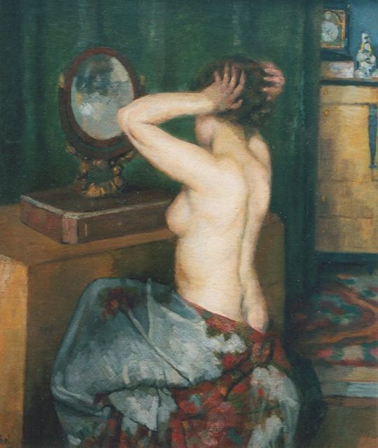 Herschel O.J.  | Halfnaakte jonge vrouw voor de spiegel, olieverf op doek 53,0 x 44,5 cm, gesigneerd l.o. en gedateerd 1935