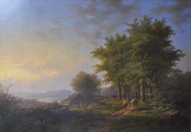Johann Bernard Klombeck | Herders met vee op een bospad, olieverf op paneel, 38,5 x 56,0 cm, gesigneerd r.o.