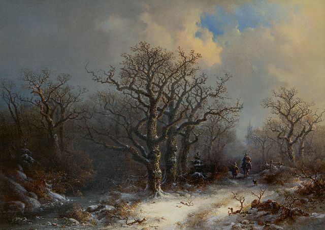 Pieter Kluyver | Landvolk op een besneeuwd bospad, olieverf op paneel, 61,2 x 84,4 cm, gesigneerd r.o.