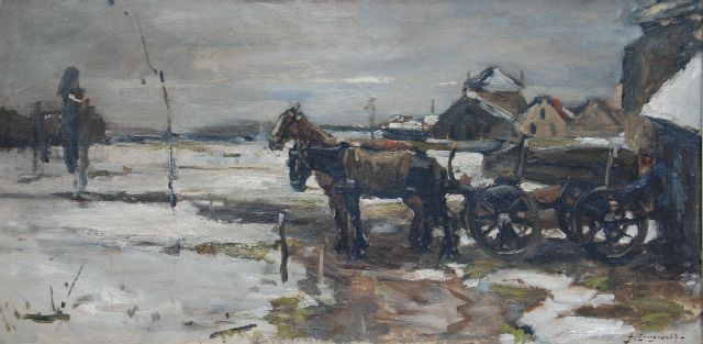 Frans Langeveld | Paard en wagen in de sneeuw, olieverf op doek, 60,5 x 121,5 cm, gesigneerd r.o.