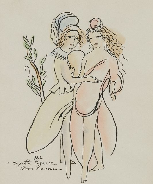 Marie Laurencin | Twee vrouwen, pen, inkt en aquarel op papier, 25,0 x 21,5 cm, gesigneerd l.o. met initialen