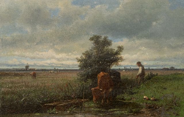 Anton Mauve | Koeien en herder aan een poel, olieverf op doek, 41,5 x 63,5 cm, gesigneerd l.o. en te dateren ca. 1870