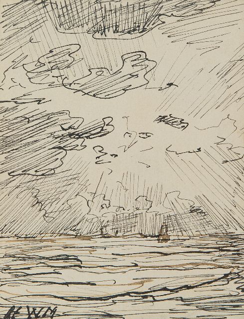 Hendrik Willem Mesdag | Bomschuit op volle zee bij zonsondergang, pen en Oost-Indische inkt op papier, 12,0 x 9,5 cm, gesigneerd l.o. met initialen