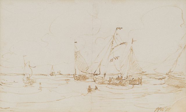 Hendrik Willem Mesdag | Lijnhaalder en bomschuiten in de branding, pen en inkt op papier, 11,5 x 18,0 cm, gesigneerd r.o. met initialen