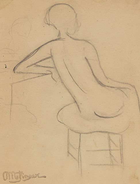 Metzinger J.D.A.  | Etude d'une femme nue assise; verso: Figuurstudies, potlood op papier 15,5 x 11,0 cm, gesigneerd l.o. en verso met kunstenaarsstempel