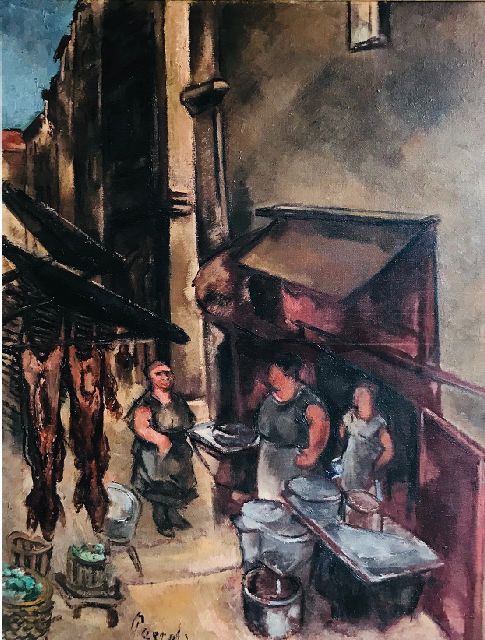 Willem Paerels | Oude buurt met slager en figuren, olieverf op doek, 80,3 x 60,0 cm, gesigneerd l.o. en te dateren ca. 1922-1928
