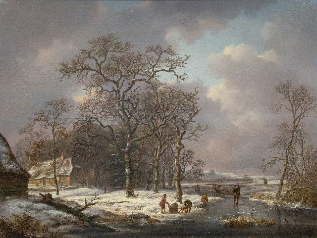 Andreas Schelfhout | Sneeuwlandschap met figuren op een bevroren sloot, olieverf op paneel, 53,2 x 71,0 cm, gesigneerd m.o. en te dateren ca. 1815-1820