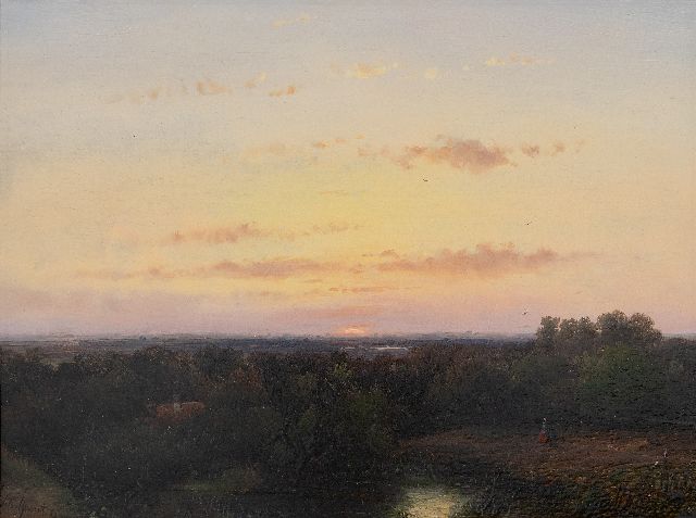 Andreas Schelfhout | Panoramisch landschap bij zonsondergang, olieverf op paneel, 21,8 x 29,1 cm, gesigneerd l.o. en gedateerd '51