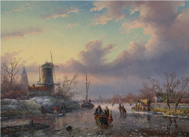 Jan Jacob Spohler | Schaatsers en koek-en-zopietent op bevroren rivier, olieverf op paneel, 43,0 x 59,0 cm, gesigneerd r.o.