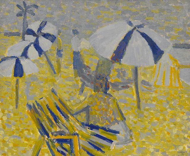 Véronique Véron | Parasols op het strand, olieverf op doek, 54,0 x 65,0 cm, gesigneerd r.o. en gedateerd '51