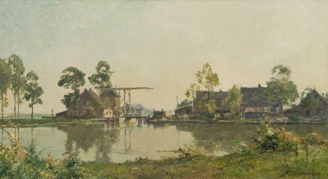 Cornelis Vreedenburgh | Boerderij aan een kanaal met ophaalbrug, olieverf op doek, 51,0 x 90,5 cm, gesigneerd r.o.