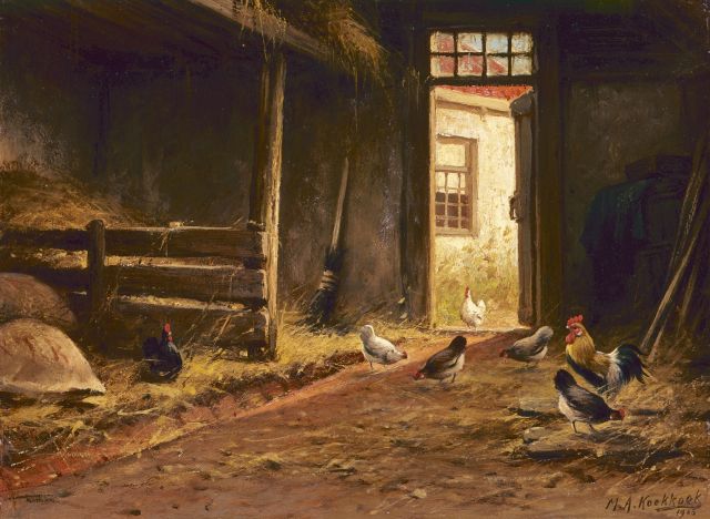 Marinus Adrianus Koekkoek II | Stalinterieur met haan en kippen, olieverf op paneel, 24,1 x 32,5 cm, gesigneerd r.o. en gedateerd 1905