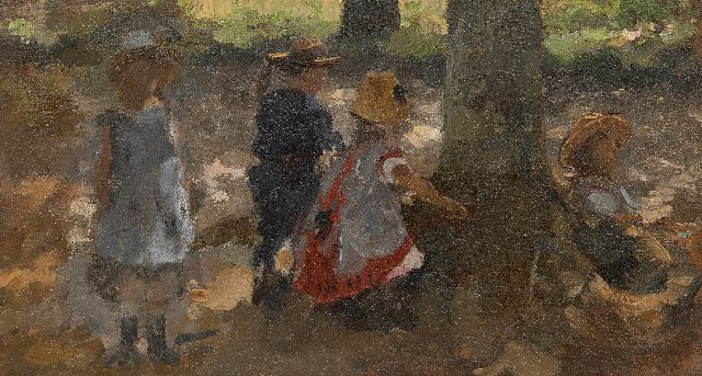 Willem Bastiaan Tholen | Spelende kinderen in de Scheveningse Bosjes, olieverf op doek op paneel, 23,6 x 43,5 cm, gesigneerd r.o.