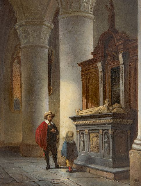 Gillis Haanen | Vader en zoon in een kerkinterieur, olieverf op paneel, 21,7 x 16,6 cm, gesigneerd r.o. met initialen