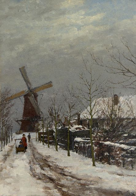 Wijsmuller J.H.  | Kinderen in de sneeuw bij een molen, olieverf op doek 57,3 x 41,0 cm, gesigneerd r.o.