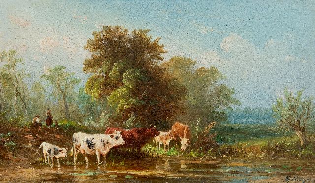 Prooijen A.J. van | Landschap met wadend vee, olieverf op paneel 8,7 x 15,0 cm, gesigneerd r.o.