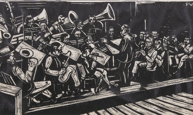 Piet Wiegman | De Koninklijke Harmonie van Thorn, houtsnede, 33,0 x 53,5 cm, gesigneerd r.b. met initialen in het blok en te dateren ca. 1925