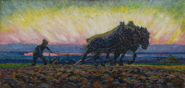 Herman Gouwe | Ploegende paarden bij zonsopkomst, olieverf op doek, 47,9 x 98,9 cm