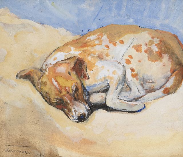 Hendrik Johannes Haverman | Slapend hondje, aquarel en gouache op papier, 15,7 x 18,4 cm, gesigneerd l.o. met atelierstempel