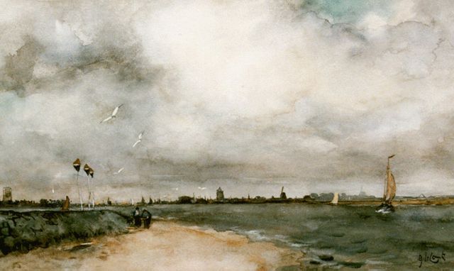 Adolf le Comte | Gezicht op Dordrecht vanaf de Merwede, aquarel op papier, 30,5 x 51,6 cm, gesigneerd r.o.