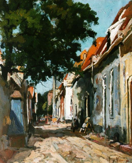Jan van Vuuren | Straatje met figuren, olieverf op doek, 50,0 x 40,0 cm, gesigneerd r.o.