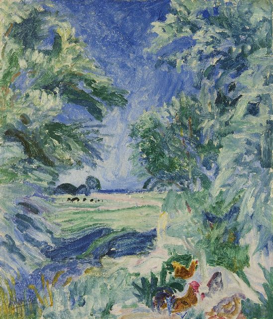 Jan Altink | Gronings landschap met kippen en koeien, olieverf op doek, 60,8 x 52,4 cm, gesigneerd l.o. en te dateren eind jaren 20