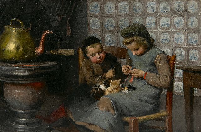 Emile Claus | Meisjes bij de kachel, olieverf op doek, 23,1 x 34,2 cm, gesigneerd r.b.