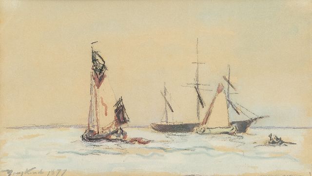 Johan Barthold Jongkind | Zeilschepen op de rivier, krijt en aquarel op papier, 15,0 x 26,0 cm, gesigneerd l.o. en gedateerd 1877