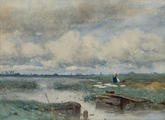 Willem Roelofs | Waterlandschap met wasvlonder en bleekveldje, aquarel op papier, 51,0 x 70,8 cm, gesigneerd l.o. en te dateren jaren 80