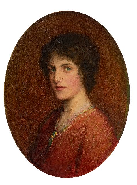 Charles Perugini | Portret van een jonge vrouw (mogelijk Kate Perugini), olieverf op schildersboard, 40,0 x 30,3 cm, gesigneerd r.o. met monogram