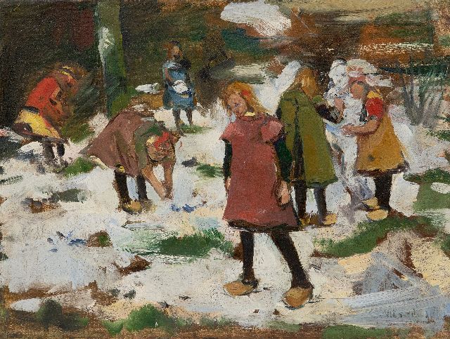 Willem Korteling | Spelende kinderen in de sneeuw, olieverf op doek, 33,5 x 44,3 cm, gesigneerd r.o.