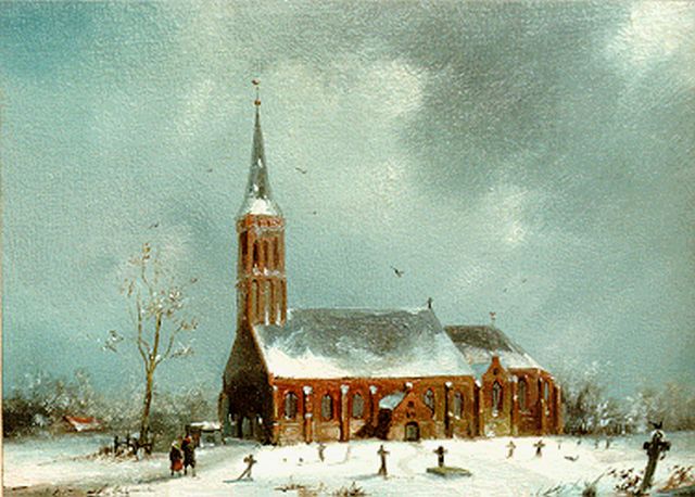 Adrianus David Hilleveld | Kerkhofje in de winter, olieverf op paneel, 23,2 x 30,0 cm, gesigneerd r.o. en gedateerd '84