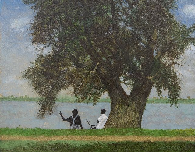 Herman Berserik | Gesprek aan de Waal, acryl op paneel, 29,5 x 37,5 cm, gesigneerd r.o. en gedateerd '93