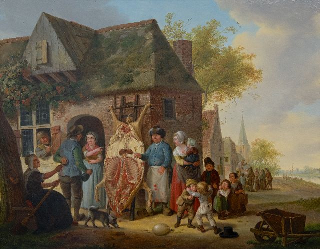 Cuylenburgh (II) C. van | Dorpsgezicht, na het slachten van het varken, olieverf op paneel 49,7 x 64,0 cm, gesigneerd m.l. en gedateerd 1797
