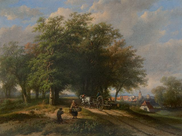 Adrianus Hendrikus de Bruïne | Landvolk op zonnige landweg, olieverf op paneel, 35,8 x 47,9 cm, gesigneerd r.o.