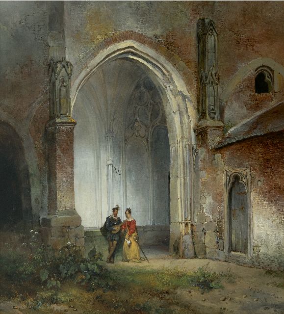 Wijnand Nuijen | Een man en een vrouw in een kloostergang van de Dom te Utrecht, olieverf op paneel, 49,0 x 44,8 cm, gesigneerd r.o. en gedateerd 1832