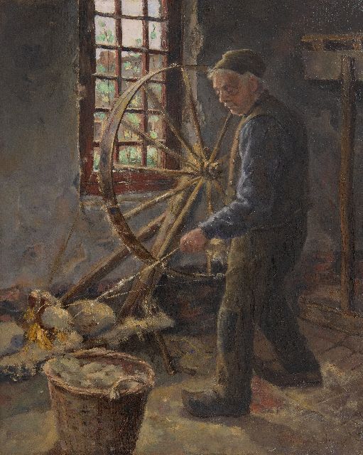 Jaarsma P.  | Interieur met wol spinnende boer, olieverf op doek 40,4 x 32,6 cm, gesigneerd r.o.