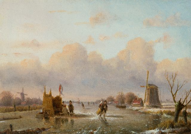 Mirani E.B.G.P.  | Winterlandschap met schaatsers en volk bij een koek-en-zopietent (alleen tezamen met 22135-zomer), olieverf op paneel 12,9 x 18,1 cm, gesigneerd l.o. (resten)