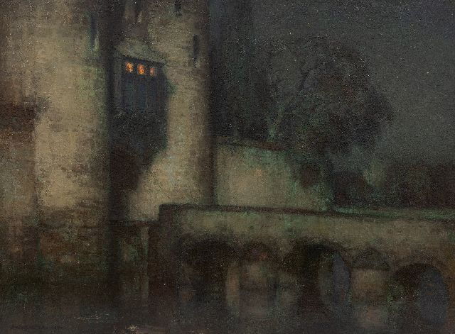Jan Bogaerts | Kasteel met ophaalbrug bij avond, olieverf op doek, 45,4 x 60,3 cm, gesigneerd l.o. en gedateerd 1924
