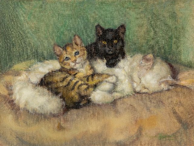 Dé Tijdeman | Moederpoes met twee kittens, olieverf op doek, 30,5 x 40,5 cm, gesigneerd r.o.