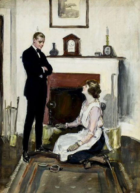 Clarence Underwood | Gentleman and housemaid, gouache op board, 76,0 x 55,3 cm, gesigneerd r.o.